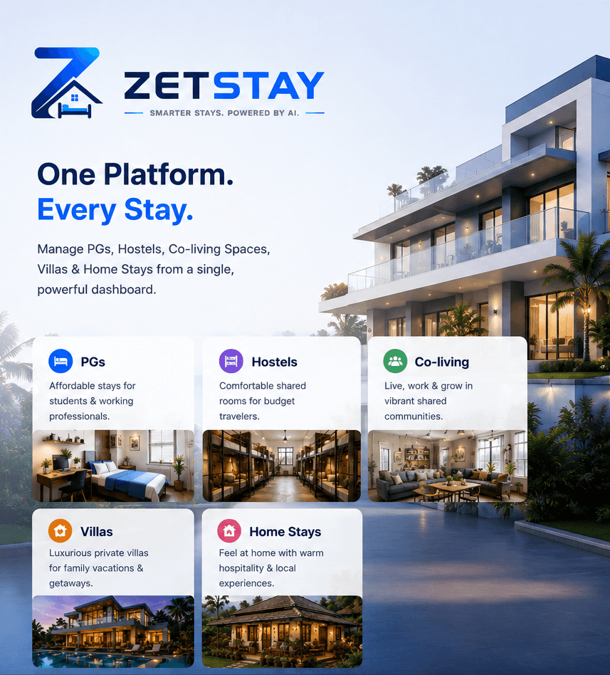 ZetStay — one platform, every stay. Manage PGs, hostels, co-living spaces, villas and home stays from a single dashboard.